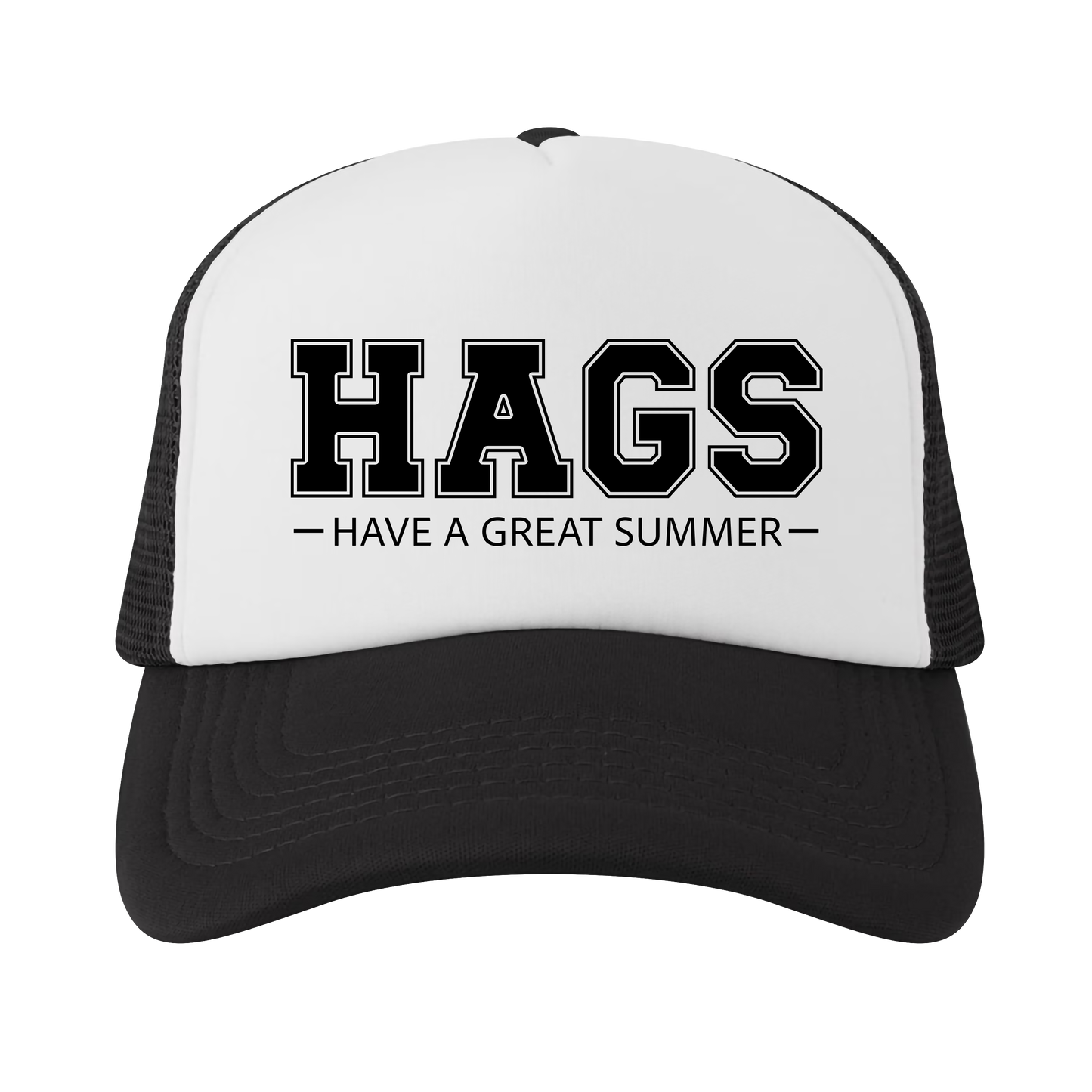 Black and white cap with 'HAGS HAVE A GREAT SUMMER' text on a white background